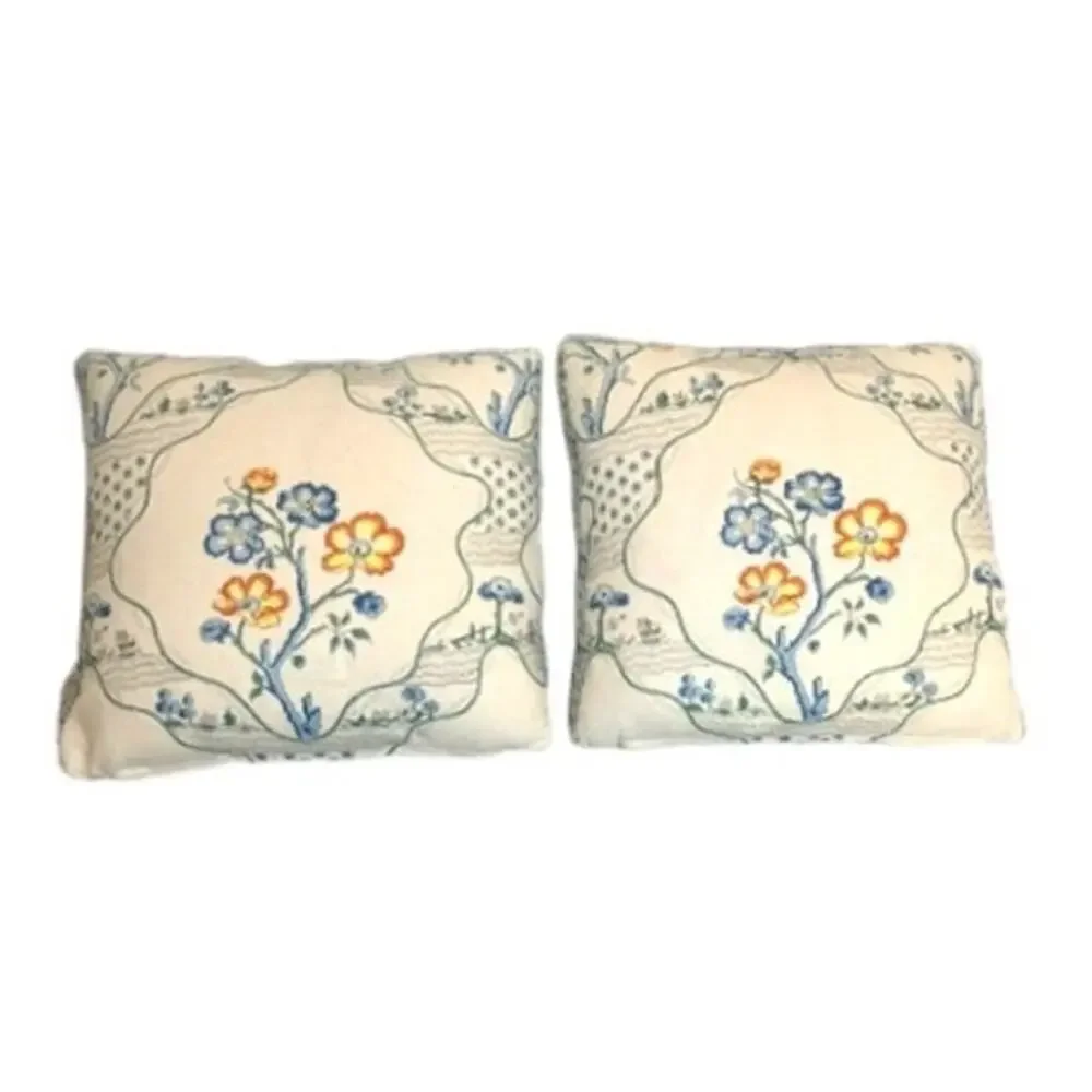 Pair of Custom Schumacher Marella Delft Embroidered Pillows 15x15 Down Inserts